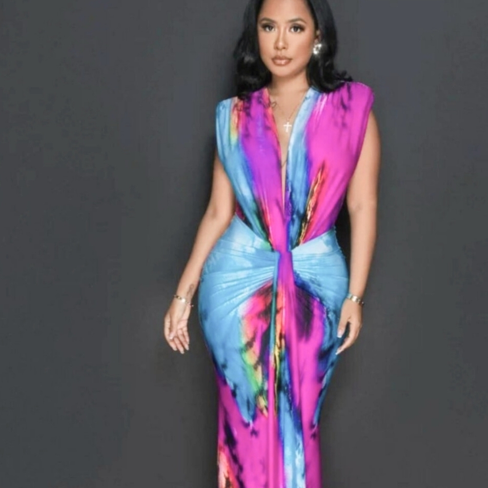 COPY - COLOR PRINT DEEP V-NECK FRONT MAXI DRESS